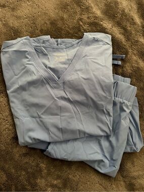 Hanes Light Blue V-Neck Scrub Top and Pants